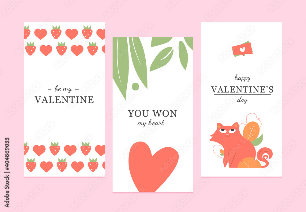 Set of simple stylish minimalist cards for Valentine's Day. Love, expression of feelings, congratulations. Vector flat. Set of simple stylish minimalist cards for Valentine's Day. Love, expression of feelings, congratulations. Vector flat.