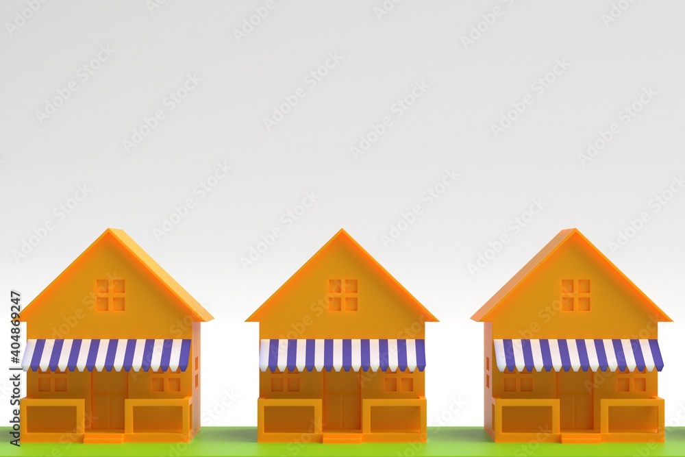 3d illustration. Models of holiday homes with a terrace and an awning 3d illustration. Models of holiday homes with a terrace and an awning