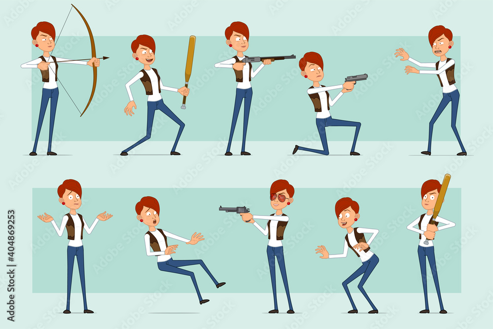 Cartoon flat funny redhead woman character in leather jacket and jeans. Girl holding baseball bat, pistol, shooting from shotgun and bow. Ready for animation. Isolated on blue background. Vector set. Cartoon flat funny redhead woman character in leather jacket and jeans. Girl holding baseball bat, pistol, shooting from shotgun and bow. Ready for animation. Isolated on blue background. Vector set.