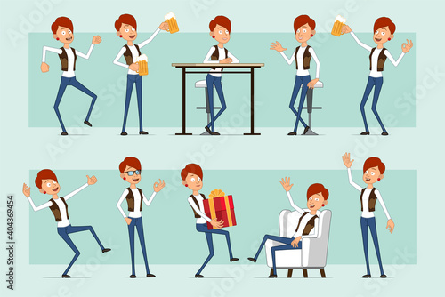 Cartoon flat funny redhead woman character in leather jacket and jeans. Girl carrying new year gift, holding beer and showing okay sign. Ready for animation. Isolated on blue background. Vector set.