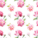 Floral seamless pattern on white background. Pink rose flowers and leaves hand drawn watercolor illustration for textile