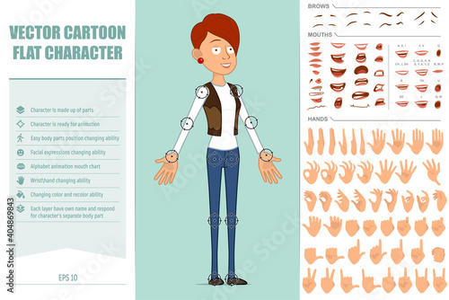 Cartoon flat funny redhead woman character in leather jacket and jeans. Ready for animations. Face expressions, eyes, brows, mouth and hands easy to edit. Isolated on blue background. Vector set.