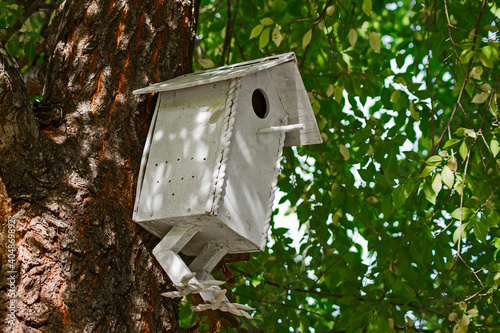 Birdhouse close-up on a tree. A bird house in the form of a fairy-tale hut.