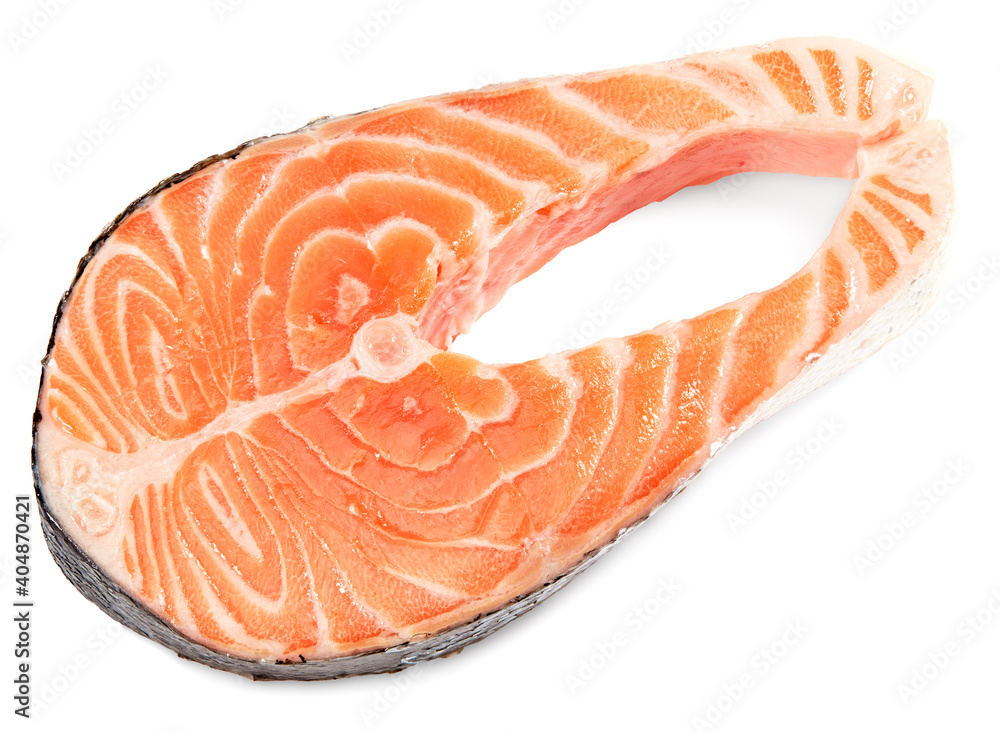 slice of raw fish, salmon, trout, steak, isolated on white background, clipping path, full depth of field slice of raw fish, salmon, trout, steak, isolated on white background, clipping path, full depth of field