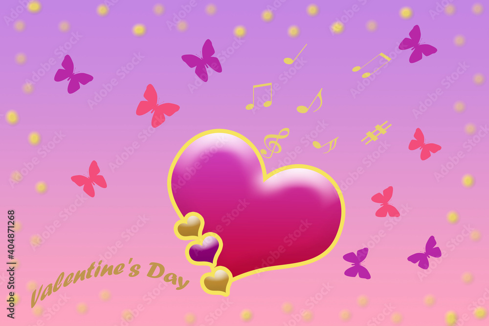 On a pink background, there is a bright volumetric heart. Below are three multi-colored hearts. Around butterflies and notes. Below the inscription: 