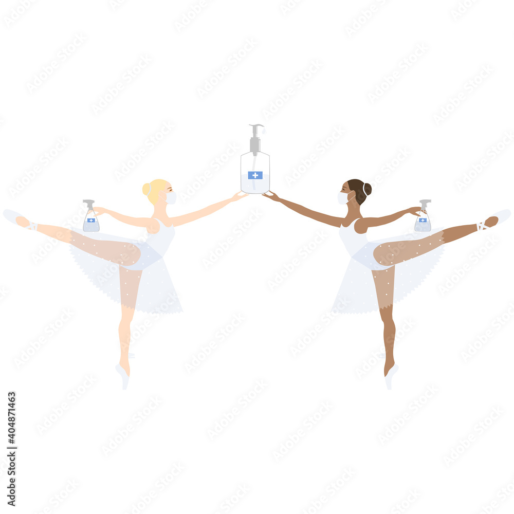 Ballerina in medical mask during corona time with sanitizer disinfection spray, theater performance. Vector isolated painting art. Coronavirus, covid 2019 Ballerina in medical mask during corona time with sanitizer disinfection spray, theater performance. Vector isolated painting art. Coronavirus, covid 2019