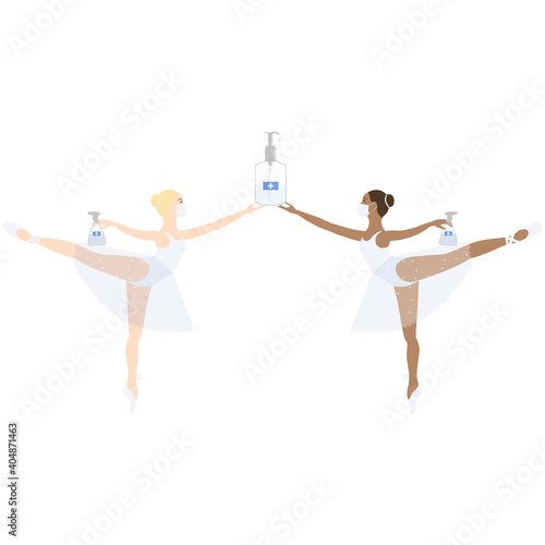 Ballerina in medical mask during corona time with sanitizer disinfection spray  theater performance. Vector isolated painting art. Coronavirus  covid 2019