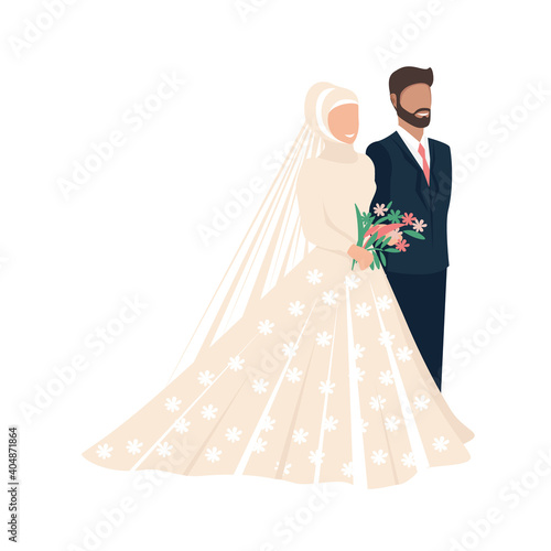 Happy muslim bride and groom get married. Flat vector illustration of lovers man and woman in wedding clothes. Together forever. Isolated over white background.