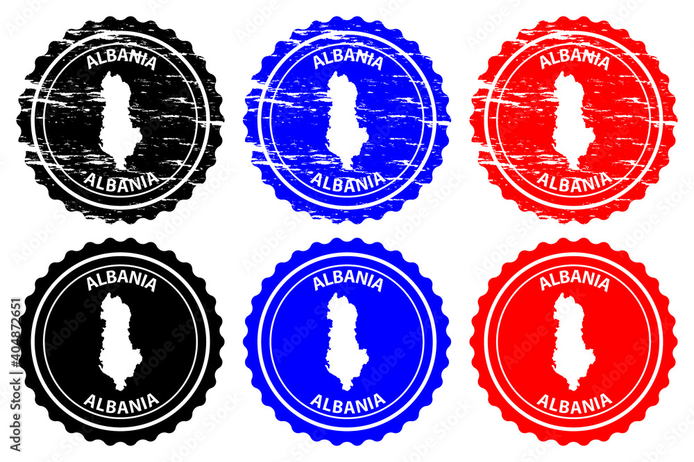 Albania - rubber stamp - vector, Albania map pattern - sticker - black, blue and red