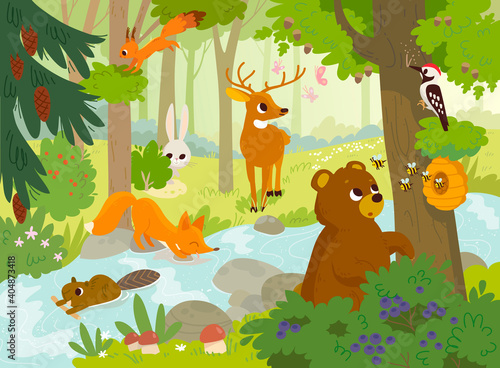 Cartoon vector animals that live in the forest. Forest fauna. Forest inhabitants. Bear looking for honey. Woodpecker hollows the hollow.