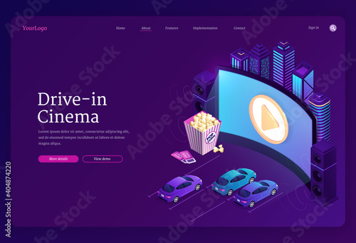 Drive-in cinema banner. Outdoor movie theater with cars on open air parking. Vector landing page of street auto cinema with isometric illustration of big screen, automobiles, popcorn and city