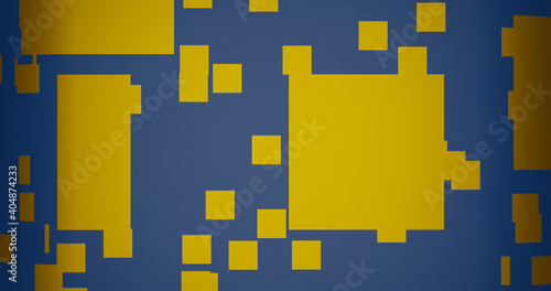 Render with a geometric background of yellow cubes on a blue surface