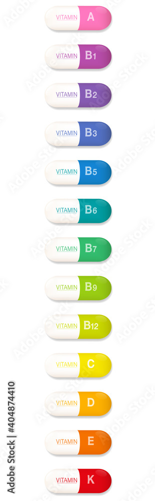 Φωτογραφία Vitamin capsules, rainbow colored list of dietary supplement pills, set of all important vitamins in a colorful row
