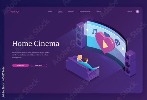 Home cinema isometric landing page. Family sitting on sofa watch huge tv with dynamics system in living room. Couple man and woman on couch front of glowing television screen, 3d vector web banner