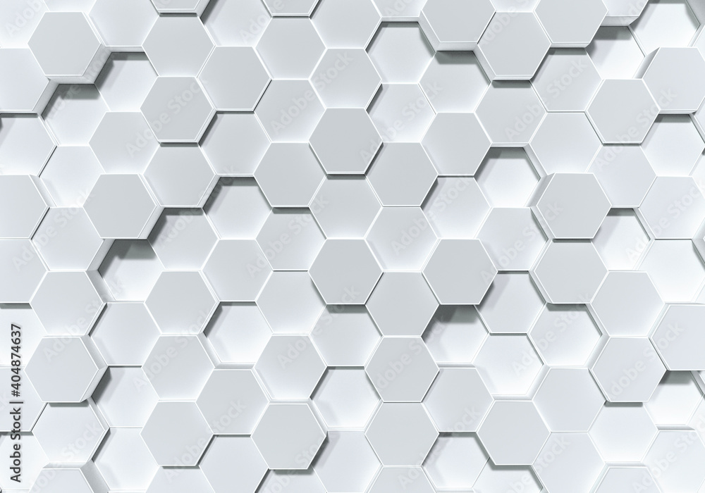 Futuristics rendering white abstract honeycomb random surface level background with lighting and shadow. Top view. Technology concept. 3D illustration rendering graphic design Futuristics rendering white abstract honeycomb random surface level background with lighting and shadow. Top view. Technology concept. 3D illustration rendering graphic design