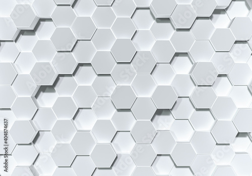 Fototapeta Naklejka Na Ścianę i Meble -  Futuristics rendering white abstract honeycomb random surface level background with lighting and shadow. Top view. Technology concept. 3D illustration rendering graphic design