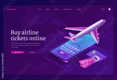 Buy airline ticket online isometric landing page with plane on runway, booking application on smartphone screen and bank card over world map. Airplane travel app for mobile phone 3d vector web banner