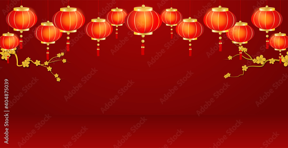 Chineses theme product display podium. Design with lantern and tree on red background. Vector. illustration. for brochure, banner, poster. Vector. illustration. Chineses theme product display podium. Design with lantern and tree on red background. Vector. illustration. for brochure, banner, poster. Vector. illustration.