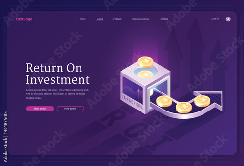 Return on investment banner. Concept of revenue growth from funds, increase financial capital. Vector landing page of ROI value report with isometric illustration of coins, arrows and graph