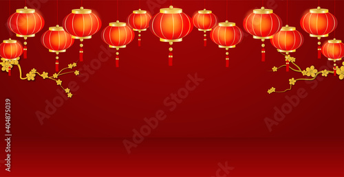 Chineses theme product display podium. Design with lantern and tree on red background. Vector. illustration. for brochure, banner, poster. Vector. illustration.