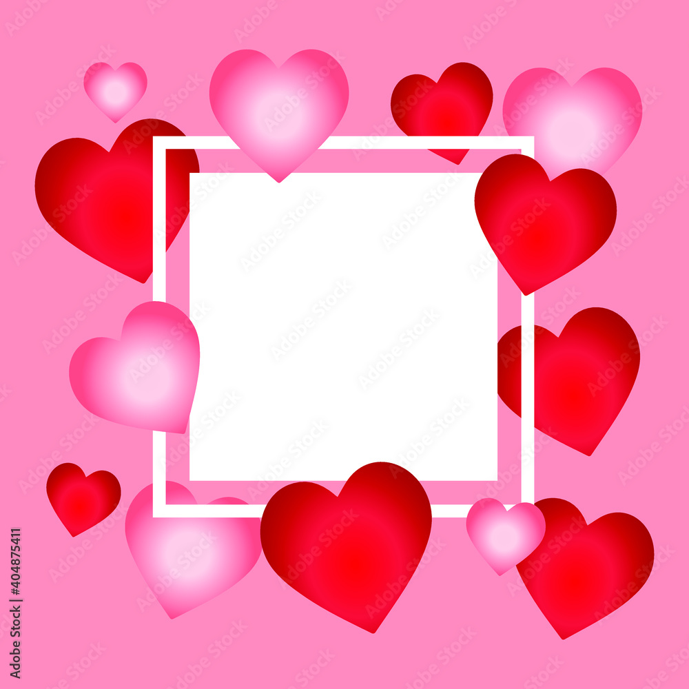 Heart frame Valentine's Day background with 3d hearts on red. Vector illustration. Cute love banner or greeting card. Place for text