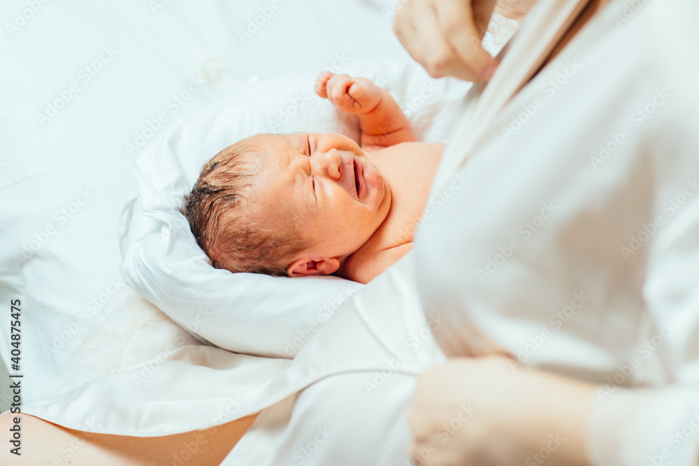 Selected focus on little cute hungry new born baby boy crying on her mother hand. Newborn baby with mother concept : parent breast feeds newborn in hospital. Selected focus on little cute hungry new born baby boy crying on her mother hand. Newborn baby with mother concept : parent breast feeds newborn in hospital.