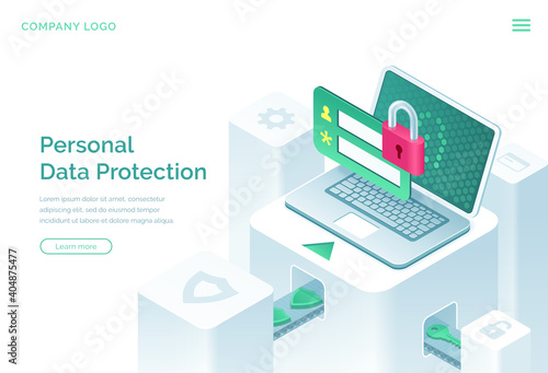 Personal data protection isometric landing page. Internet social networks media cyber privacy, protect confidential information. Laptop screen with lock, login and password form, 3d vector web banner