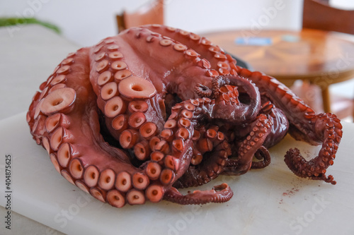 Entire octopus on a white cutting board
