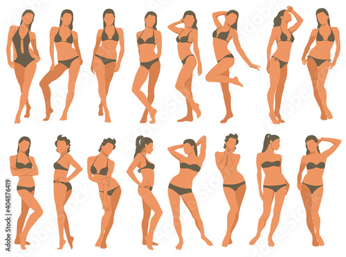 Set of girls in bikini  standing in different poses isolated on white background. Colored silhouette of slim sexy woman body with underwear dress. Pinup style fashion vector illustration. 