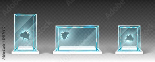 Broken glass showcases, displays, exhibit stands, transparent boxes with holes on white base front view. Damaged crystal blocks, exhibition or award podiums, isolated realistic 3d vector objects set