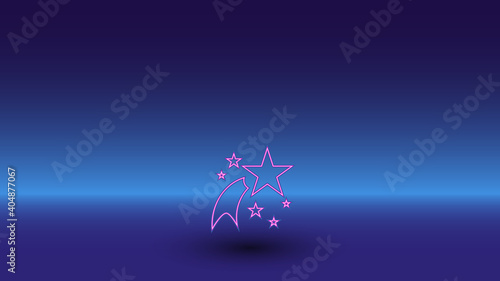 Neon fireworks symbol on a gradient blue background. The isolated symbol is located in the bottom center. Gradient blue with light blue skyline