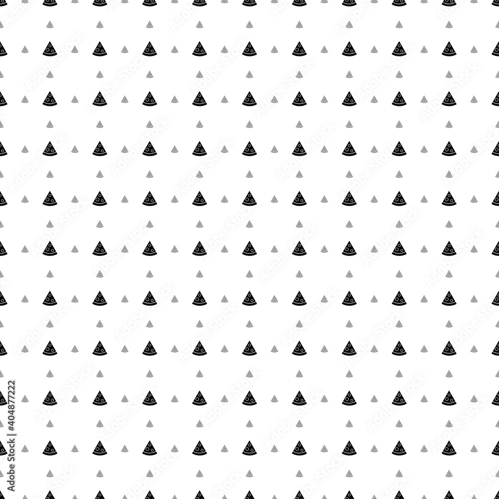 Square seamless background pattern from black slice of pizzas are different sizes and opacity. The pattern is evenly filled. Vector illustration on white background