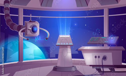 Spaceship control center, captain cabin interior with datacenter hud panel and large windows cosmos view. Futuristic alien orlop, cockpit in spacecraft, interstellar rocket Cartoon vector illustration