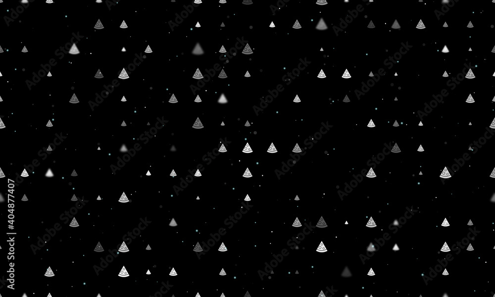 Seamless background pattern of evenly spaced white slice of pizzas of different sizes and opacity. Vector illustration on black background with stars