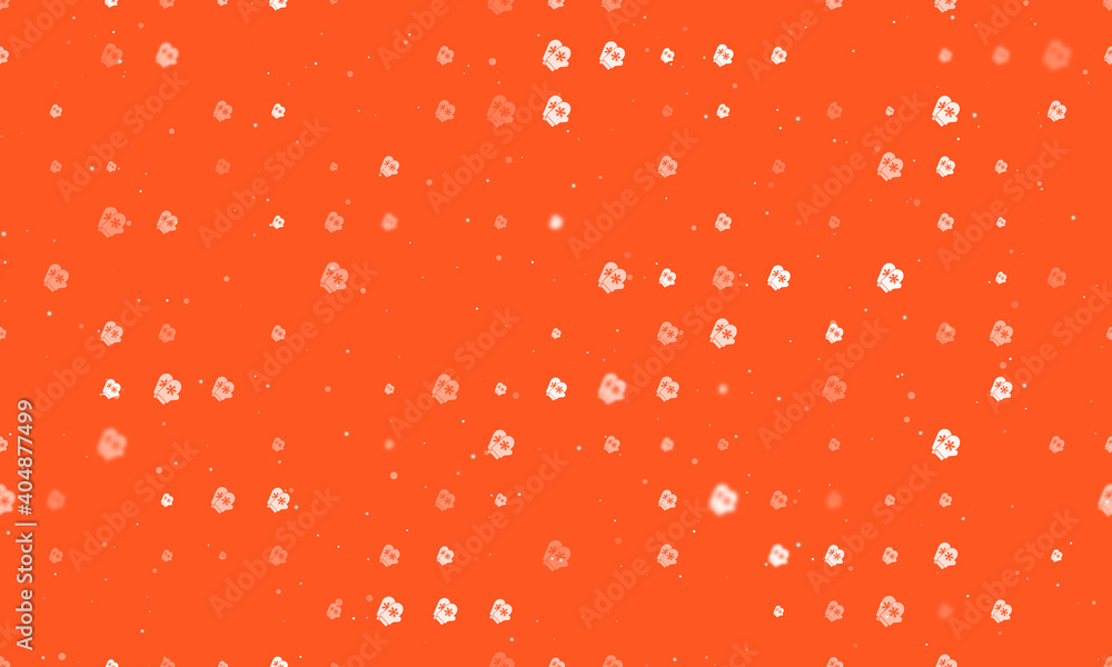 Seamless background pattern of evenly spaced white mittens symbols of different sizes and opacity. Vector illustration on deep orange background with stars Seamless background pattern of evenly spaced white mittens symbols of different sizes and opacity. Vector illustration on deep orange background with stars