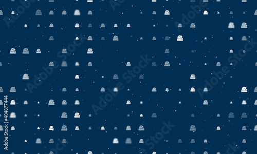 Seamless background pattern of evenly spaced white santa claus hat symbols of different sizes and opacity. Vector illustration on dark blue background with stars