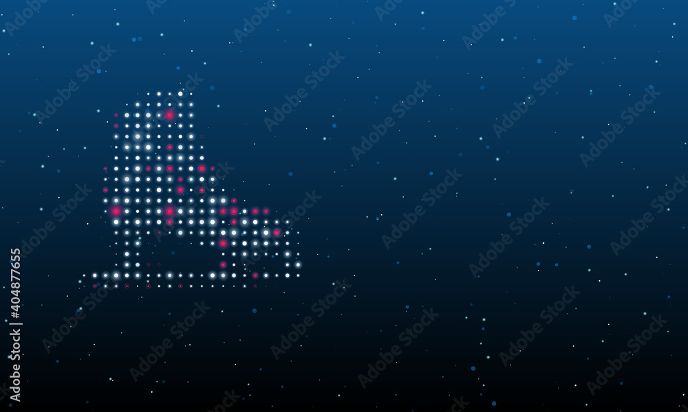 On the left is the womens ice skate symbol filled with white dots. Background pattern from dots and circles of different shades. Vector illustration on blue background with stars On the left is the womens ice skate symbol filled with white dots. Background pattern from dots and circles of different shades. Vector illustration on blue background with stars