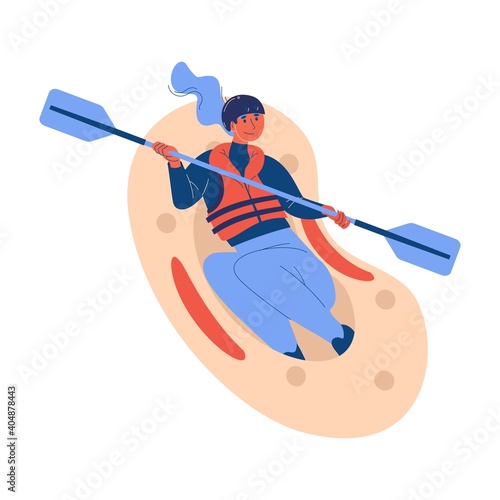 Woman riding rafting boat isolated on white. Extreme sport concept illustration with active female character in helmet and with life vest