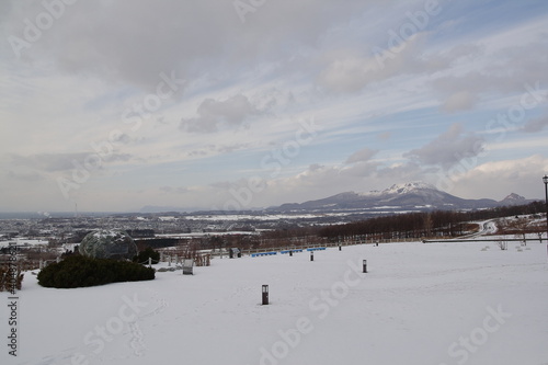 the beautiful white winter landscape in Hokkaido, Japan