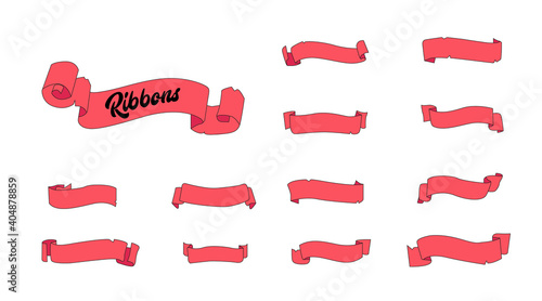 Flat vector ribbons banners isolated background. Ribbon red colored. Set ribbons or banners. Vector illustration photo