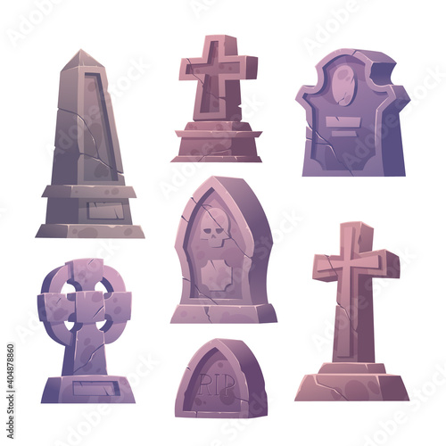 Canvas Print Cemetery tombstones, graveyard buildings, cracked stone cross, pillar and mausol