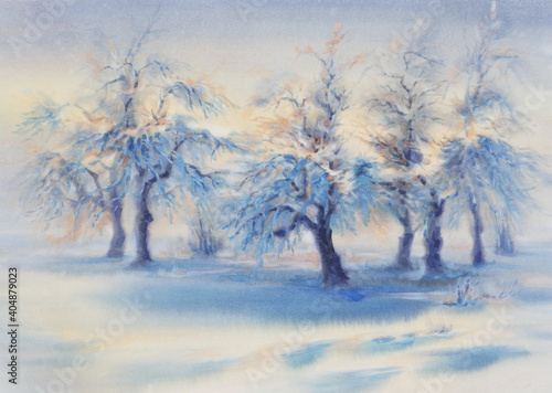 Winter landscape with frozen apple tree and snow in blue. Watercolor illustration