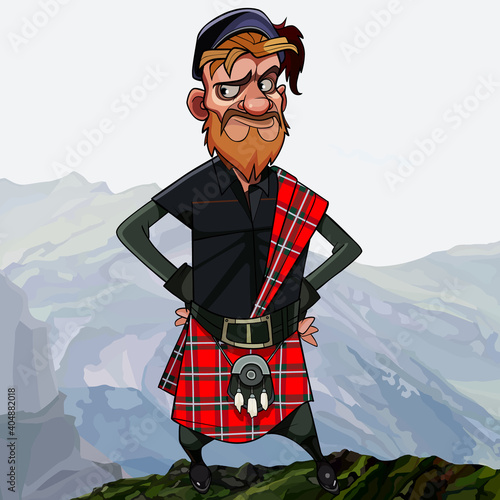 disgruntled cartoon redhead scottish highlander in kilt stands akimbo high in the mountains