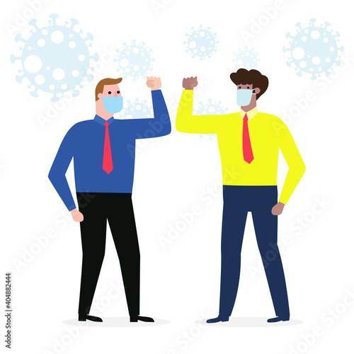 New normal Social distancing lifestyle concept, people keep distance and avoid physical contact, handshake or hand touch to protect from COVID-19 coronavirus spreading concept, people bump arm elbow