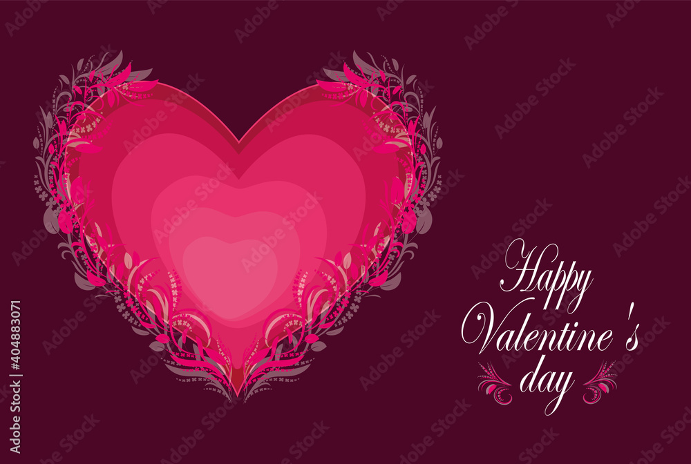 Happy Valentine's Day . Openwork vegetation. The heart is pink on a dark background. Illustration Happy Valentine's Day . Openwork vegetation. The heart is pink on a dark background. Illustration