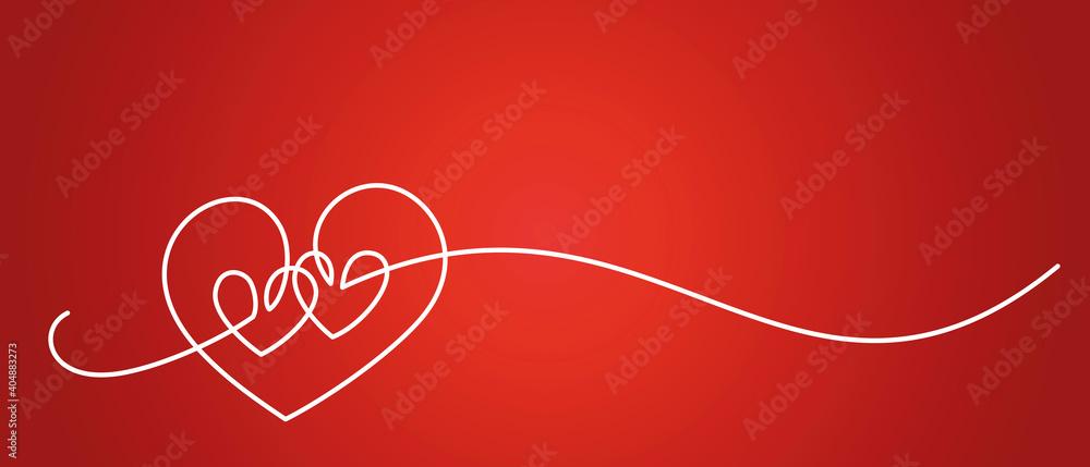 Continuous white handwritten line design hearts shape on red background for valentines, women, mother day love greeting card banner