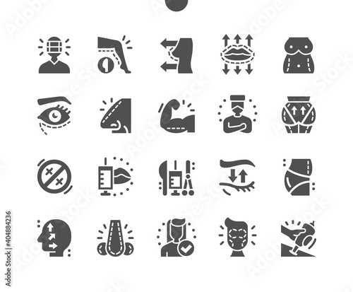 Plastic surgery. Face correction. Scar removal. Face lift and nose correction. Plastic surgeons instruments. Vector Solid Icons. Simple Pictogram