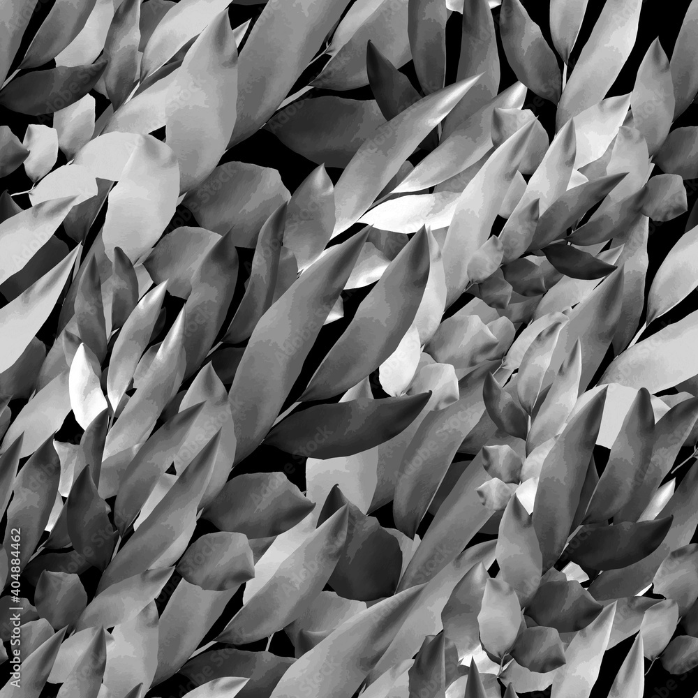 Obraz premium Floral background. Endless interweaving of dark silvery twigs with leaves. Diagonal pattern. Black background.