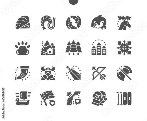 Norway. Landmark Trondheim city. Horn, viking, axe, nature, mountain, scandinavia, norwegian, nordland, mountains. Travel and tourism. Vector Solid Icons. Simple Pictogram