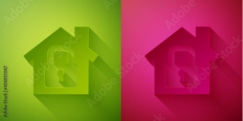 Paper cut House under protection icon isolated on green and pink background. Home and lock. Protection, safety, security, protect, defense concept. Paper art style. Vector Illustration.